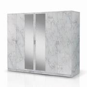 Mayon Mirrored Wooden 6 Doors Wardrobe In White Marble Effect