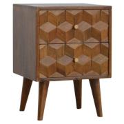 Tufa Wooden Cube Carved Bedside Cabinet In Chestnut 2 Drawers