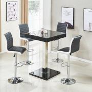 Topaz Glass Black Gloss Bar Table With 4 Ritz Black White Stools