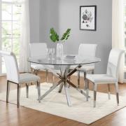 Crossley Round Glass Dining Table With 4 Kirkland White Chairs