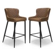 Charlie Antique Brown Leather Bar Stool With Metal Base In Pair