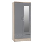 Mark Oak Wooden Wardrobe With 2 Doors 1 Drawer Grey Gloss Front