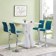 Axara White High Gloss Bar Table With 4 Ritz Teal White Stools