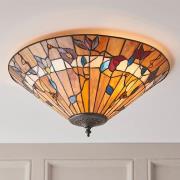 Bauchi Medium Tiffany Glass Flush Ceiling Light In Dark Bronze