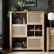 Cicero Highboard With 3 Sliding Door In Oak And Rattan Effect