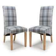 Kaduna Check Grey Fabric Dining Chairs With Oak Legs In Pair