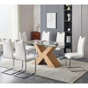 Zanti Glass Dining Table With Oak Base 6 Petra White Chairs