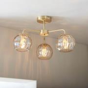 Dimple 3 Light Champagne Glass Shade Semi Flush Light In Brass